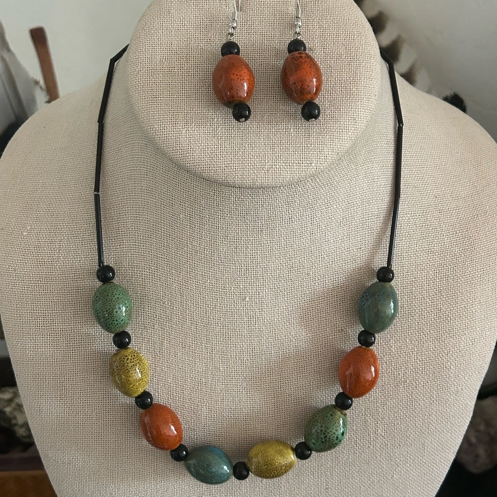 Vintage Large Multicolor Glass Beaded Necklace & Earrings Set Boho